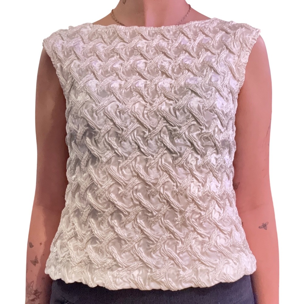 Petite Ivory Smocked Popcorn Lattice Sleeveless Blouse